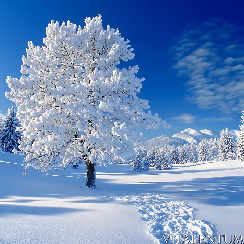 Snow-Covered Tree and Mountains in Winter AI Image