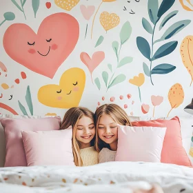 Smiling Girls in Bed with Hearts