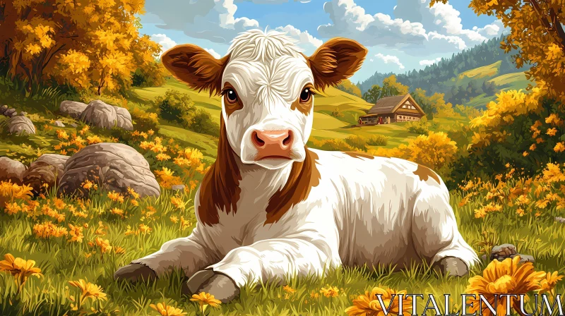 Tranquil Cow in a Lush Countryside Setting AI Image