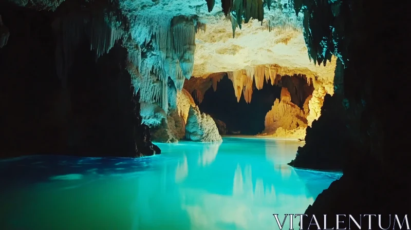 Illuminated Cave with Stalactites and Stalagmites AI Image