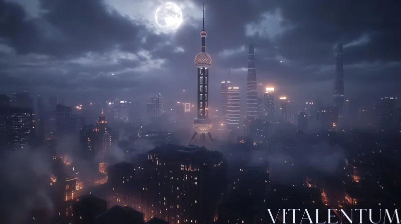 AI ART Misty City Skyline at Night