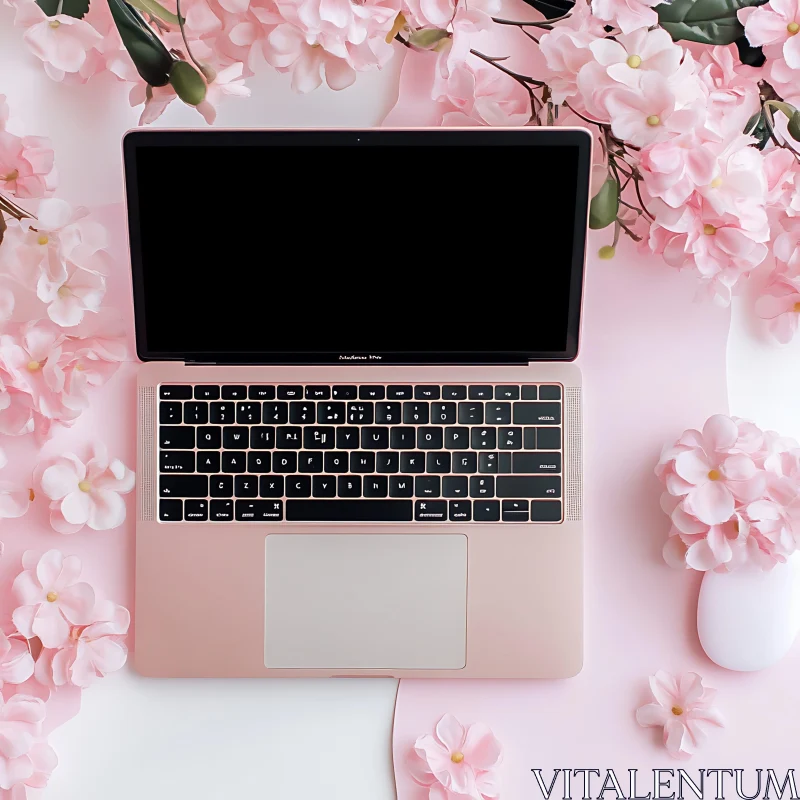 Elegant Laptop Workspace with Floral Elements AI Image