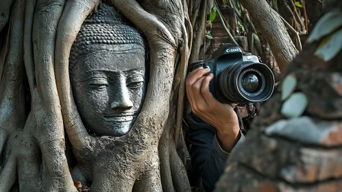 Stone Buddha Head in Tree Roots Photo