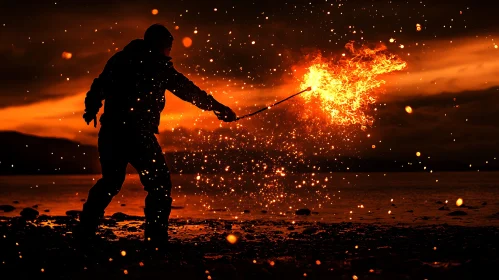 Silhouette with Fire on the Beach