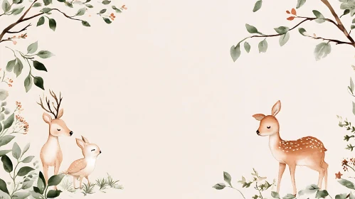 Peaceful Woodland Illustration with Fawns and Deer
