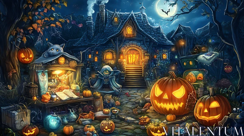 Spooky Halloween Scene with Pumpkins AI Image