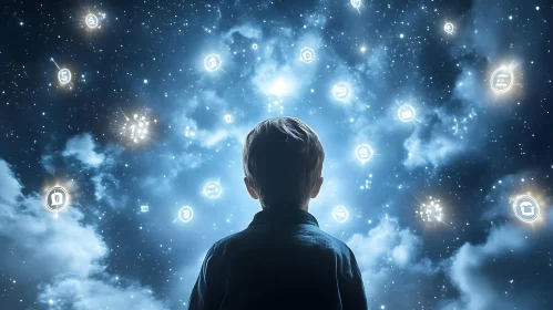 Child Contemplates Starry Sky with Symbols