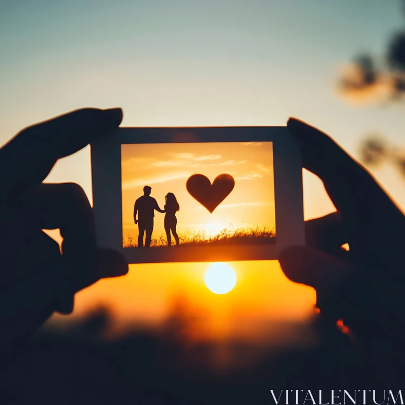 Sunset Love: A Couple's Silhouette with Heart AI Image