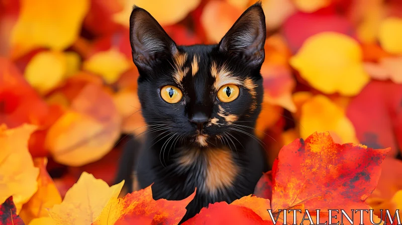 Black Cat in Vibrant Fall Foliage AI Image