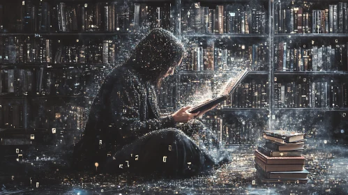 Person Reading in Magical Library