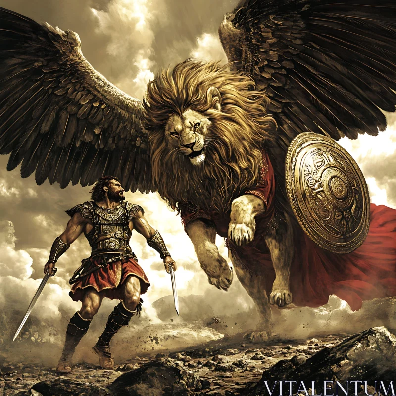 Mythical Battle: Warrior and Winged Lion AI Image