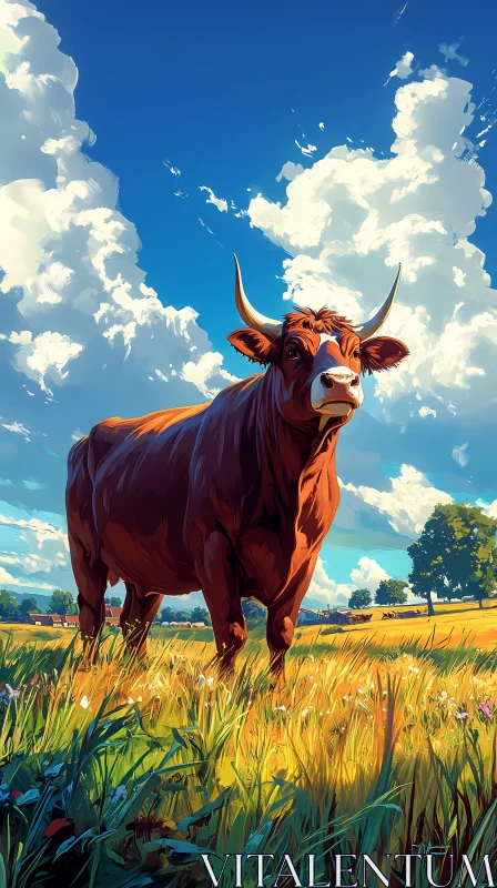 Brown Cow Under Blue Sky AI Image