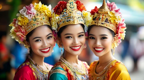 Three Women in Traditional Dress with Flowers