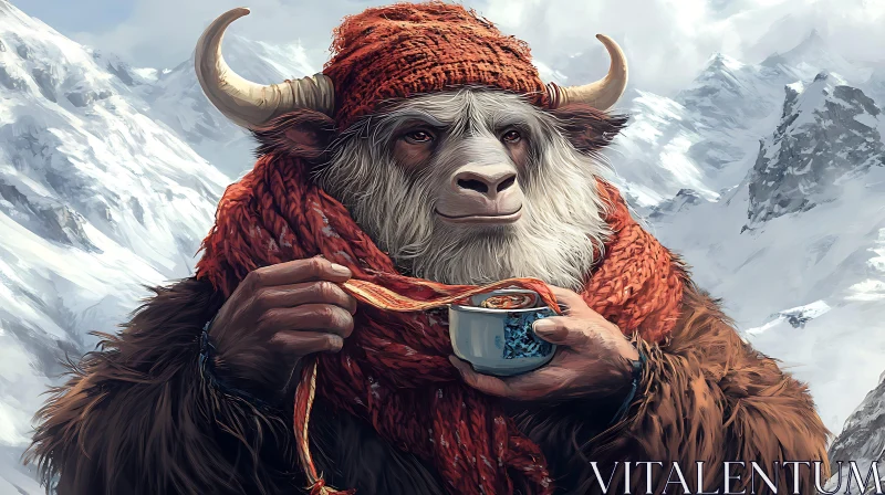 AI ART Winter Yak enjoying a hot beverage