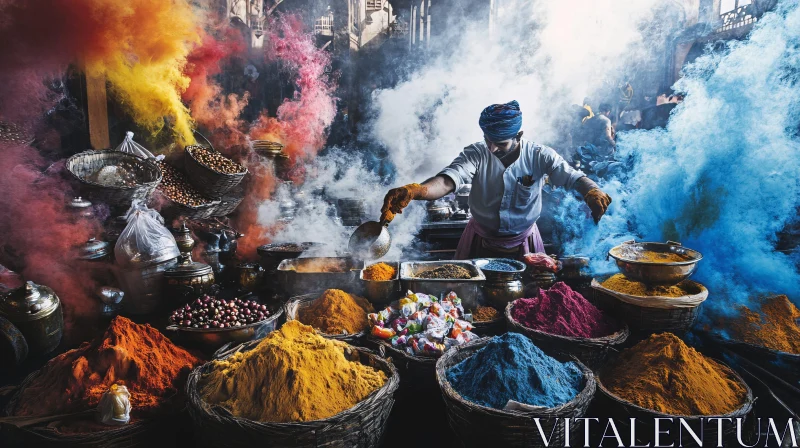 Market Vendor Mixing Indian Colorful Spices AI Image