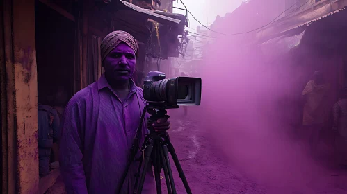 Man with Camera in Purple Smoke