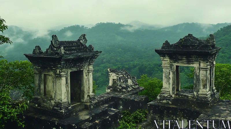 Stone Ruins Overlooking Green Landscape AI Image