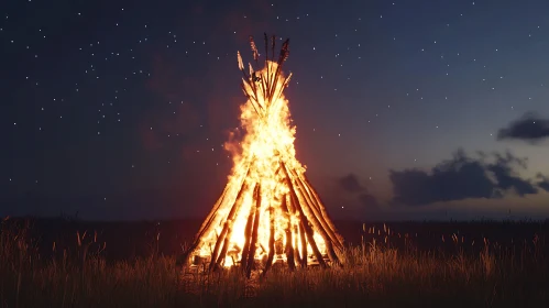 Bonfire in Darkness with Stars Above