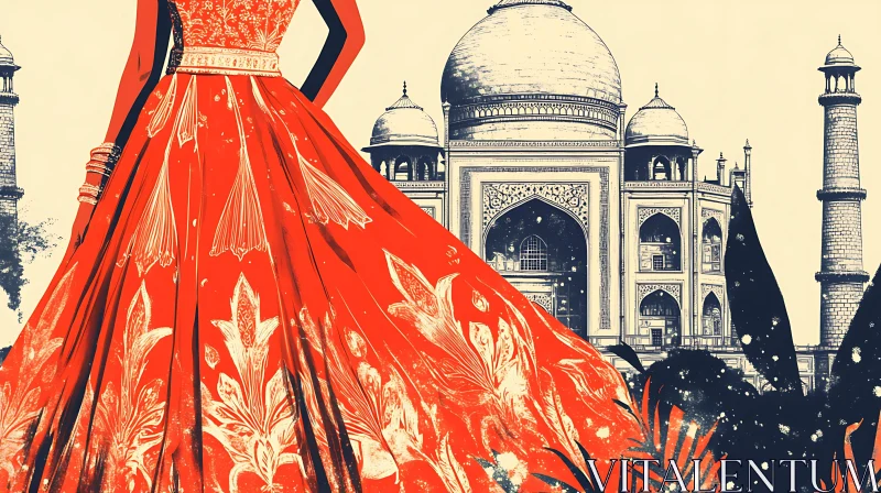 Woman in Red Dress at Taj Mahal AI Image