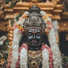 Religious Statue with Flowers and Jewelry