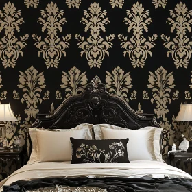 Opulent Bedroom Decor with Elegant Carvings and Classic Wallpaper