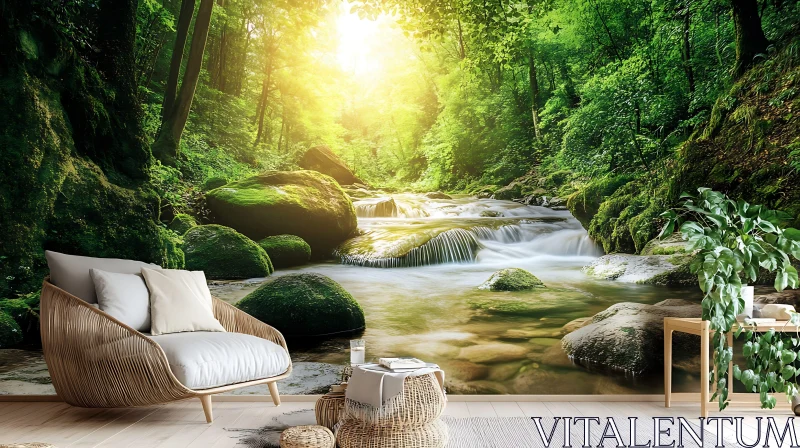 Serene Forest Stream with Captivating Sunlight AI Image