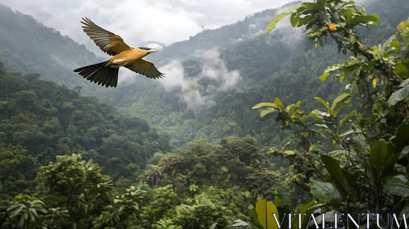 Bird Flying Over Green Forest AI Image