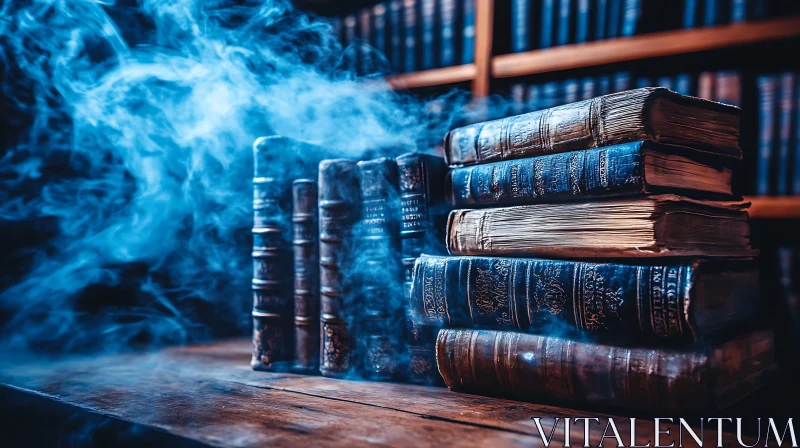 AI ART Ancient Books with Blue Smoke Effect