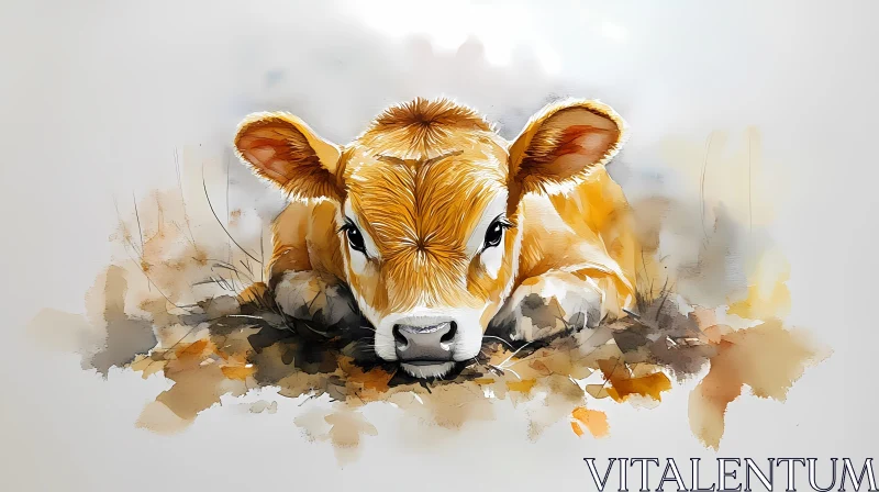 Calf in Watercolor Art AI Image