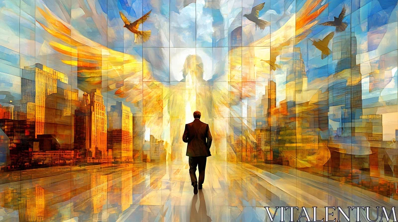 Abstract Cityscape with Angel and Man AI Image