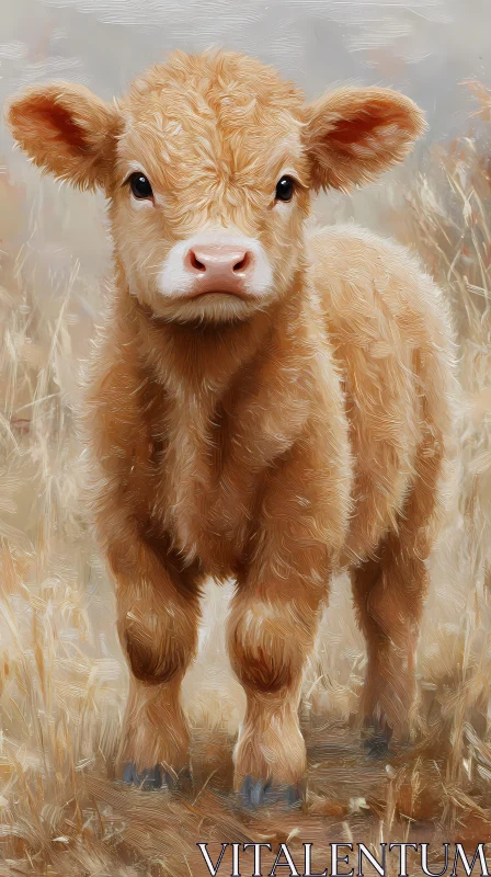 Fluffy Young Cow in Natural Setting AI Image