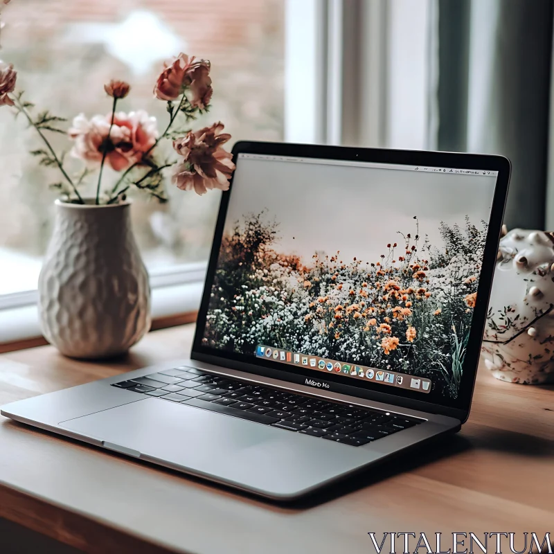 Calm Workspace with Laptop, Floral Wallpaper, and Natural Decor AI Image