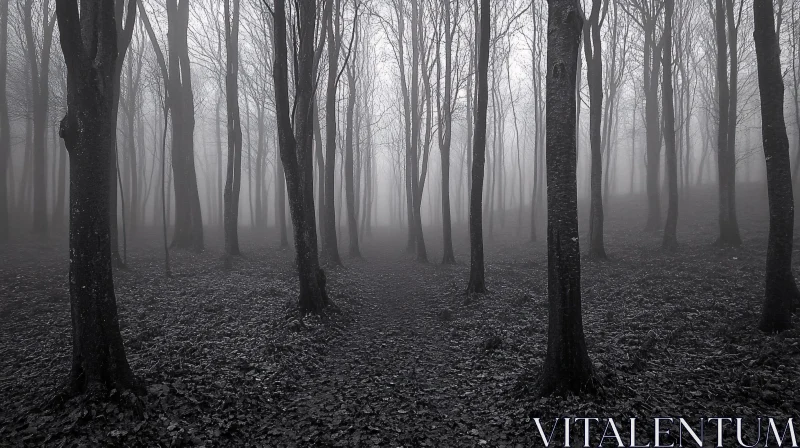 AI ART Eerie Foggy Forest with Tall Leafless Trees