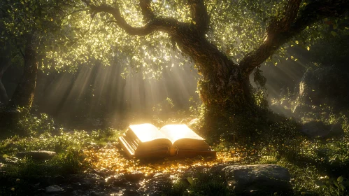 Sunlit Book in Forest Glade