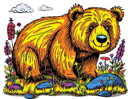 POD Design Cartoon Bear Amidst a Flower-Filled Meadow Illustration