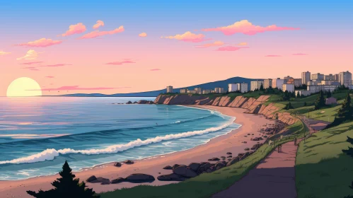 Cartoon Realism Style Sunset Over City and Ocean