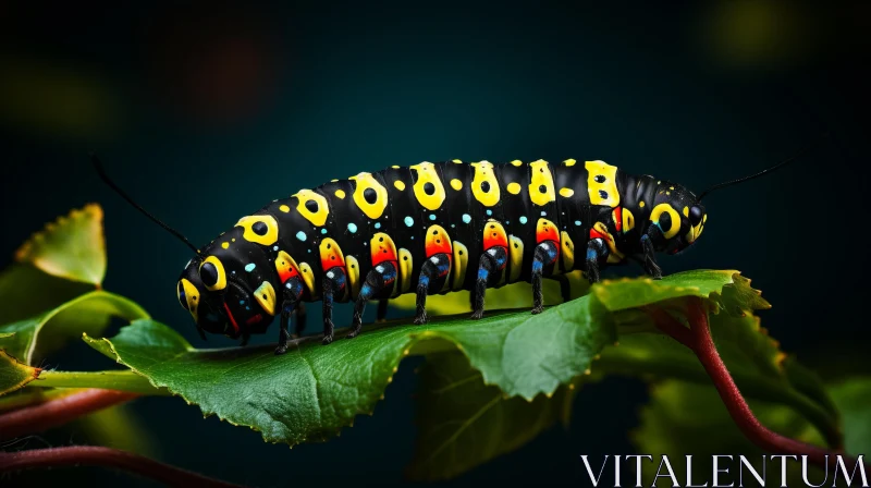 Colorful Caterpillar on Leaf - A Study in Contrast and Intricacy AI Image
