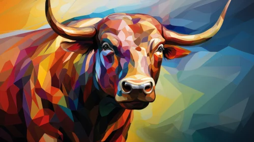 Colorful Cubist Bull Painting in Pixel-Art Style