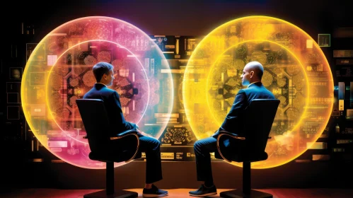Colorful Mindscapes: Two Men in Business Suits in Front of Glowing Circular Lights