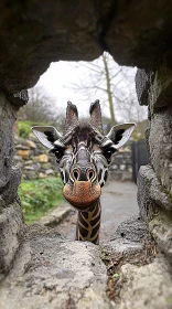 Giraffe Behind Stone Wall