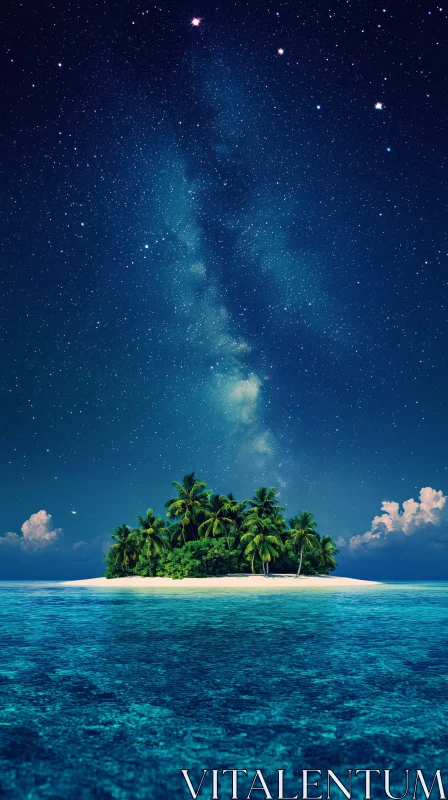 AI ART Isolated Island with Palm Trees Under Starry Night