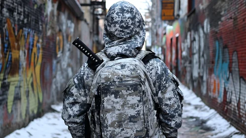 Camouflaged Figure with Katana in Alleyway