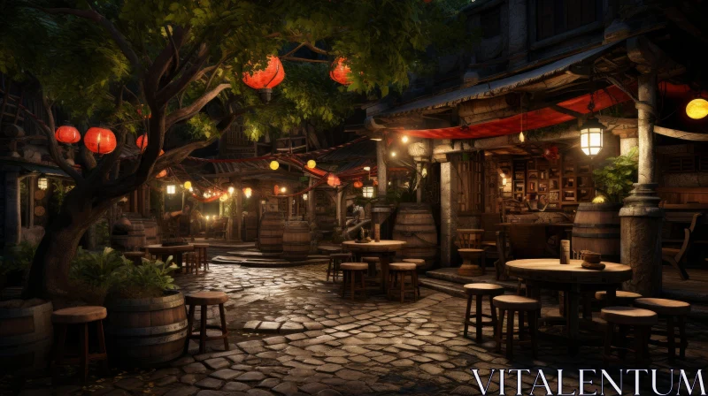Enchanting Chinese Restaurant Outdoor Scene - Atmospheric Medieval Urbanscape AI Image