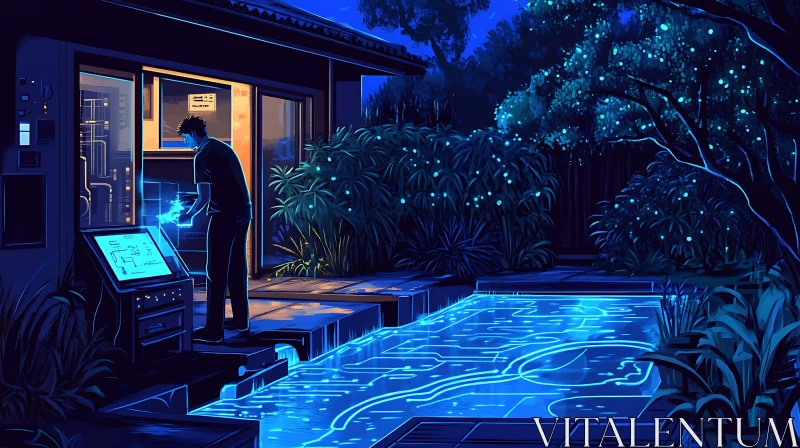 Man Using Futuristic Interface by Pool AI Image