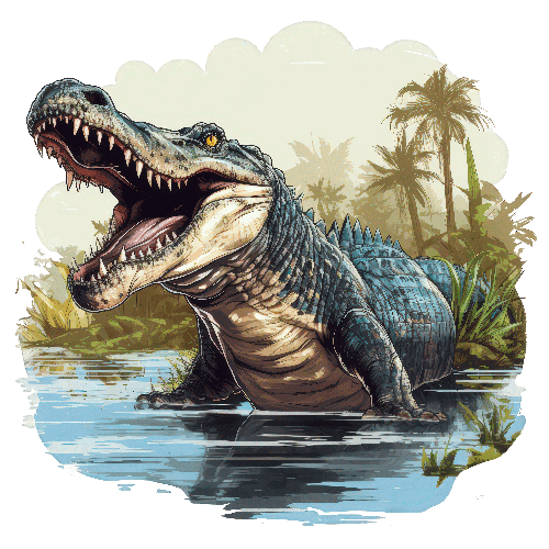 POD Design Large Alligator Amidst Palm Trees and River - Artwork