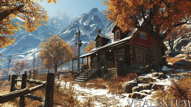 Serene Landscape with Wooden House in the Mountains AI Image