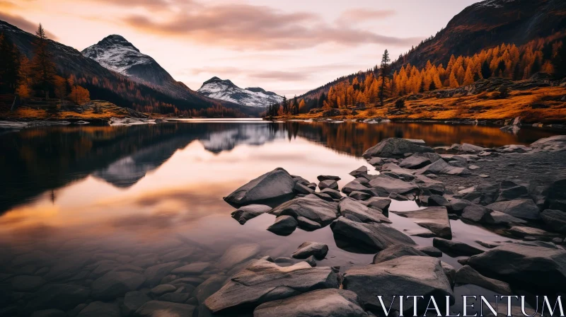Tranquil Autumn Lake Amidst Mountain Sunrise AI Image