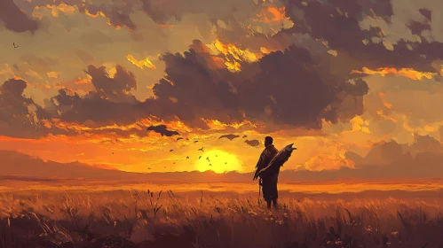 Sunset Field with Man