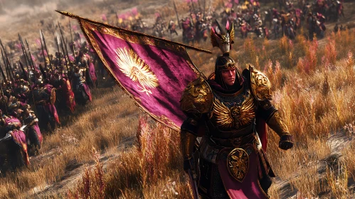 Armored Warrior with Banner in Battlefield