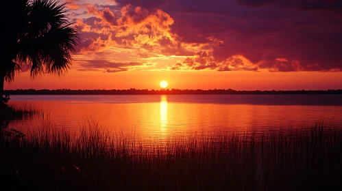 Orange Sunset Over Still Lake